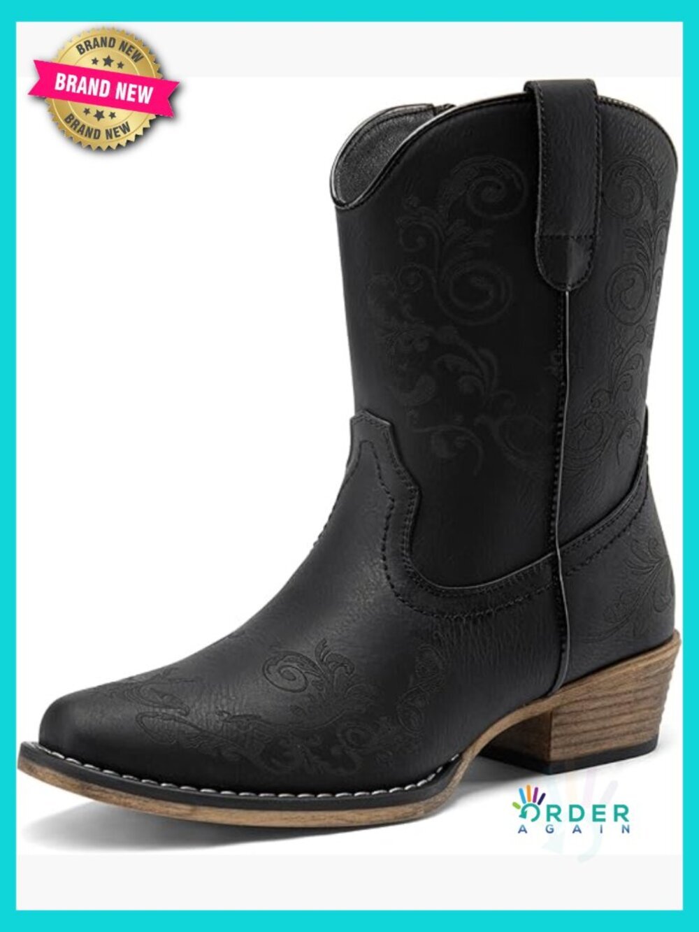 Retro Square Toe Western Ankle Boots Chunky Heel Cowgirl Booties with Side